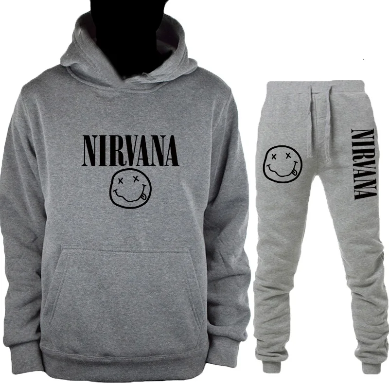 Новинка, осенняя и зимняя теплая толстовка Nirvana, Мужская/Женская модная Толстовка в стиле хип-хоп+ брюки, костюм из 2 предметов - Цвет: GrayH-HuiK