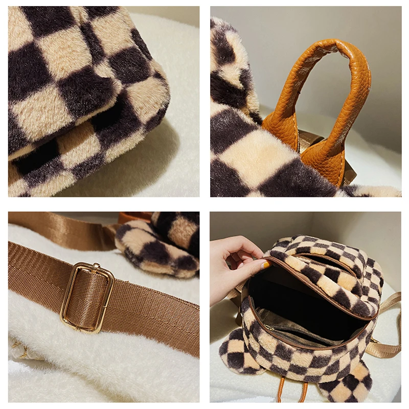 Cow Print Mini Backpack For Women 2021 Bear Ears Plush Backpack Chessboard Fur Shoulders Bag Plaid Furry Bagpack Cute Fluffy Bag