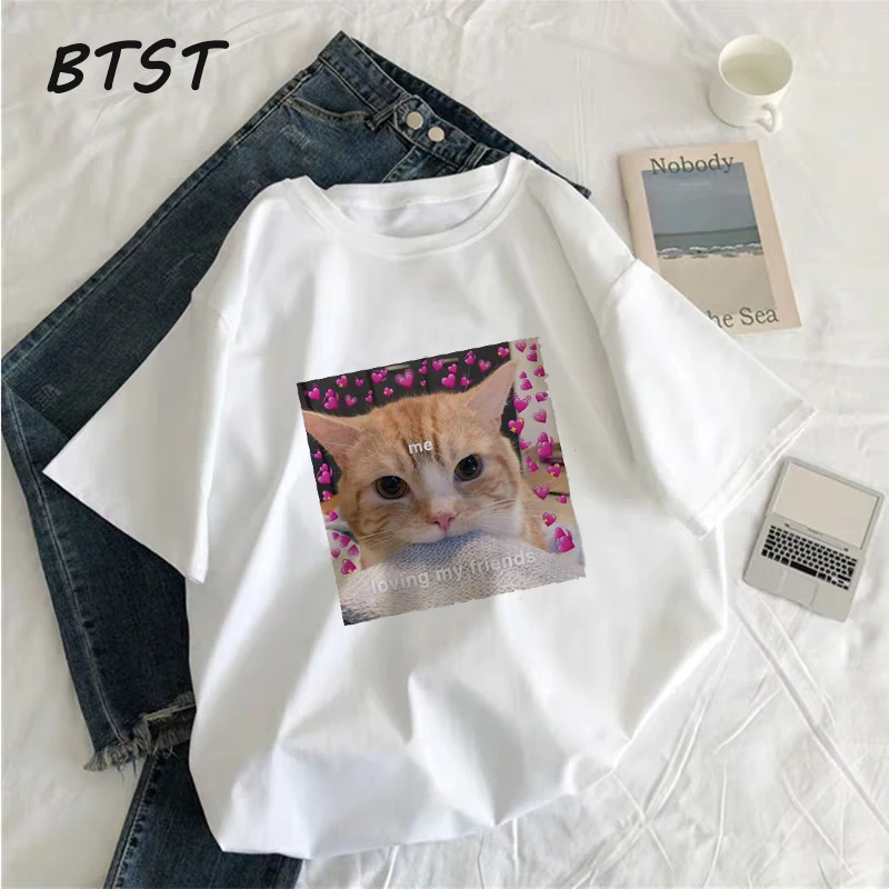 Новинка, Корея, Ulzzang, кот любит животных, собака, принт, милые летние топы с коротким рукавом, футболки, повседневные свободные, большой размер, забавная парная футболка