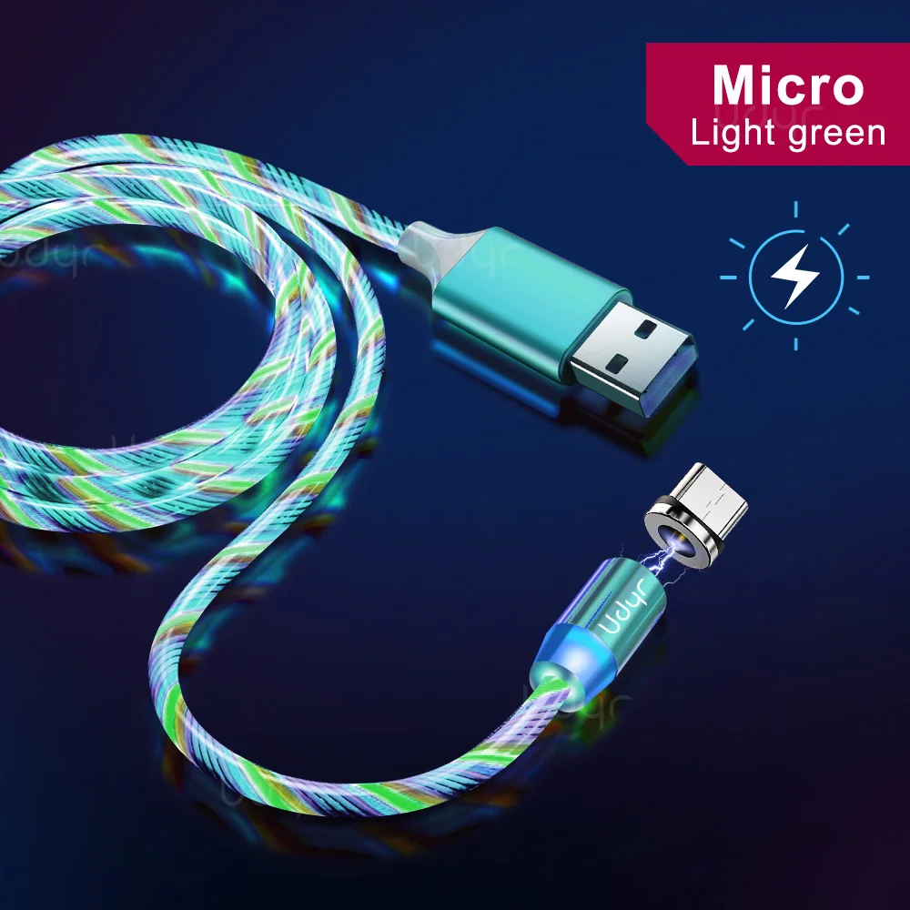 Green Micro Cable Udyr Магнитный кабель течёт светильник светодиодный Micro USB кабель для samsung S10 type-c Зарядка для iPhone Магнит зарядное устройство type C кабели - Color: Green Micro Cable