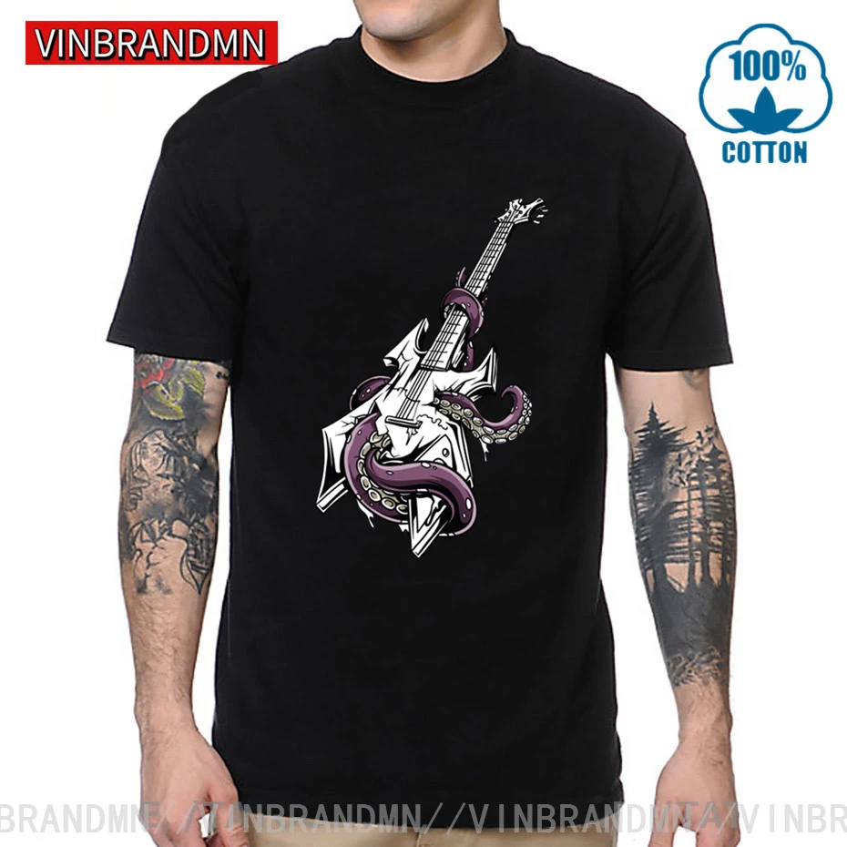 Funny Stylish Boho Design Cartoon Guitar Octopus T shirts men man Hip Hop Guitarist gift tee shirt Streetwear Rock Music T-shirt | Мужская