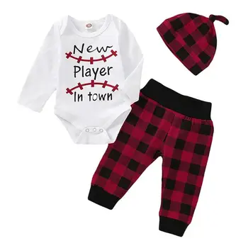 

Fashion Baby Clothes Set Boys Girls Autumn Plaid Letter Printing Kid Long Sleeve Round Neck Splicing Rompers Pants Cap 0-12M