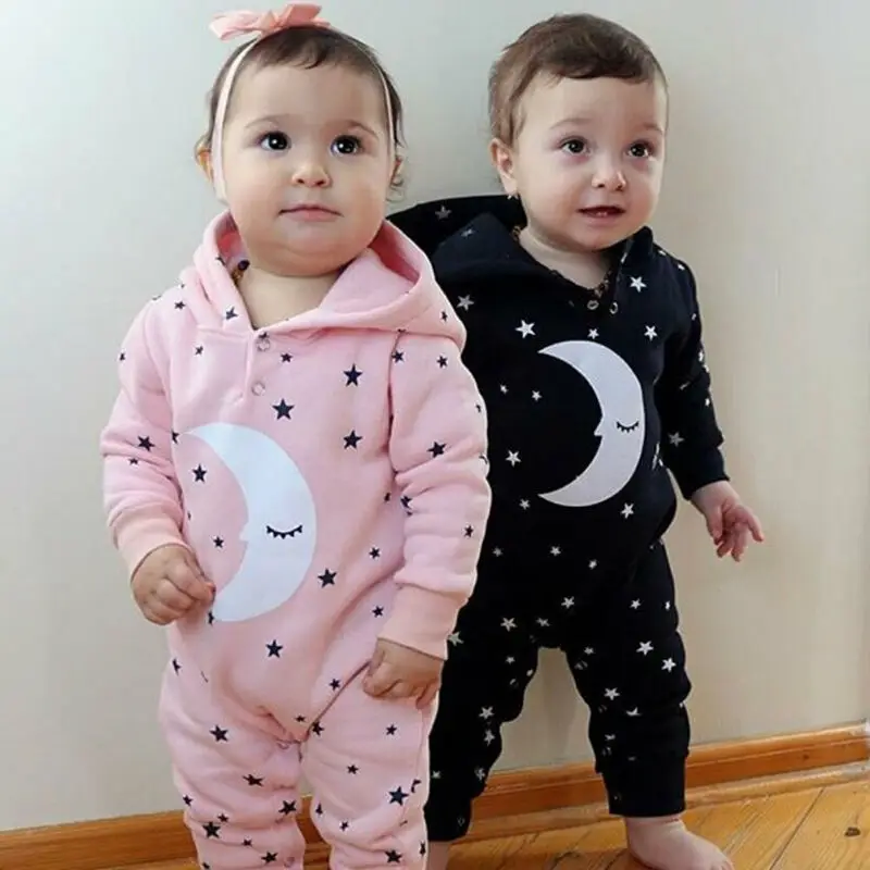 Emmababy для маленьких мальчиков и девочек; Детский комбинезон с капюшоном и длинными рукавами с принтом звезды и Луны; теплый хлопковый комплект одежды; сезон осень-зима