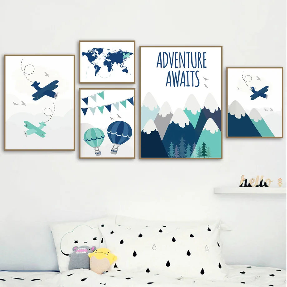 Wall-Art-Canvas-Painting-Cartoon-Plane-Hot-Air-Balloon-World-Map-Nordic-Posters-And-Prints-Wall