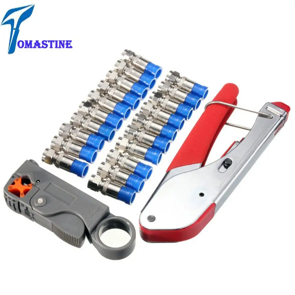 

Multitool Wire Stripping Squeezing Pliers Coaxial Cable Cold Press Clamp RG59 RG6 Cable TV Crimping Tool Set with 20 F Heads