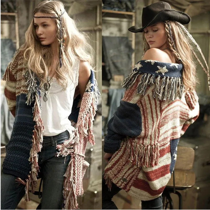 Fringe Bohemia Long Cardigan Hit Color Stars Striped Oversized Knit Sweater Coat Women Autumn Spring Fall Female Jumper Knitwear |