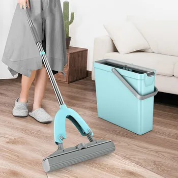 

Hands Free Mop Bucket With Squeeze Plate Sponge PVA Mop Head Dry And Wet Magic Cleaning Tools Household Hardwood Laminate Tile