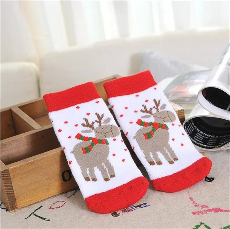 1 пара, хлопковые детские носки на весну, зиму и осень для маленьких мальчиков и девочек, махровые носки в полоску, снежинка, лось, Санта-Клаус, Рождественский медведь - Цвет: Elk