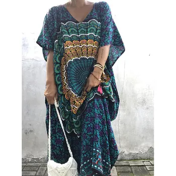 

bohemian Green batwing sleeve printed maxi Dress Women Summer loose ramadan robe kaftan EID abaya african dashiki gown VKDR2110