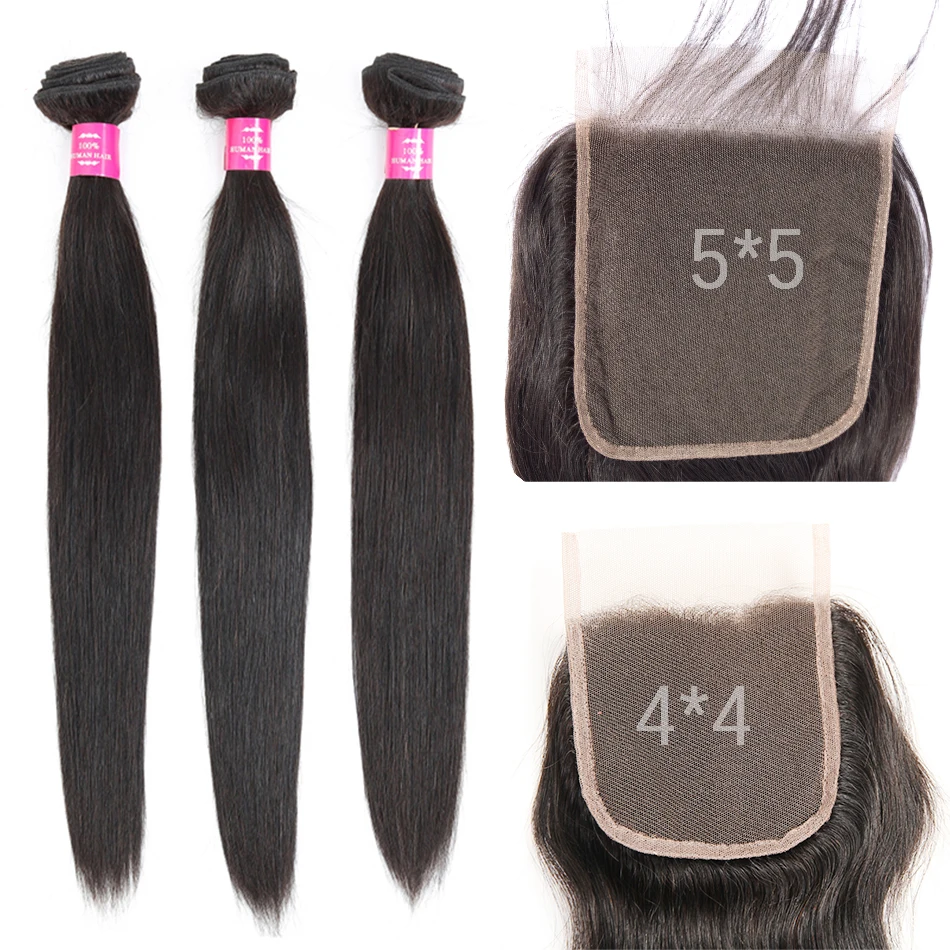 Human Hair Bundles with 5x5 6x6 Bigger Closure than 4x4 Malayisan Straight Hair 3 Bundles With Closure Fashow Remy Weaves
