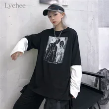 Lychee Harajuku/женская футболка с принтом персонажа, топ, футболка, пэчворк, вырез лодочкой, женские футболки, поддельные 2 штуки, женские футболки, топы, футболки