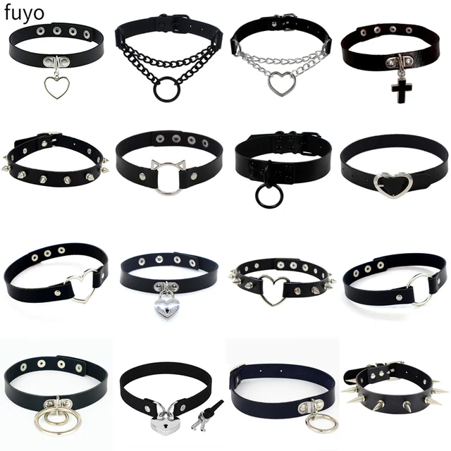 Femme noir Punk collier ras du cou en cuir Pu Goth Rivets collier ras du cou Pendientes fête Club Sexy gothique Femme bijoux 1