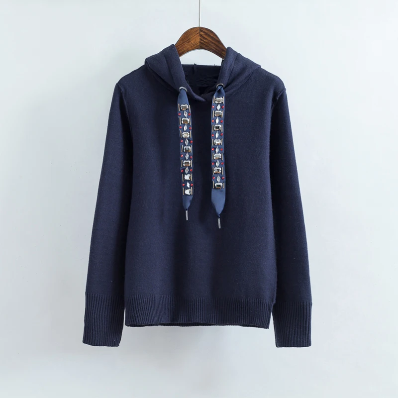 

High Quality Sweatshirt Female Casual Beading Decoration Solid Color Hooded Sweatshirt Spring Autumn New Fashion Clothing