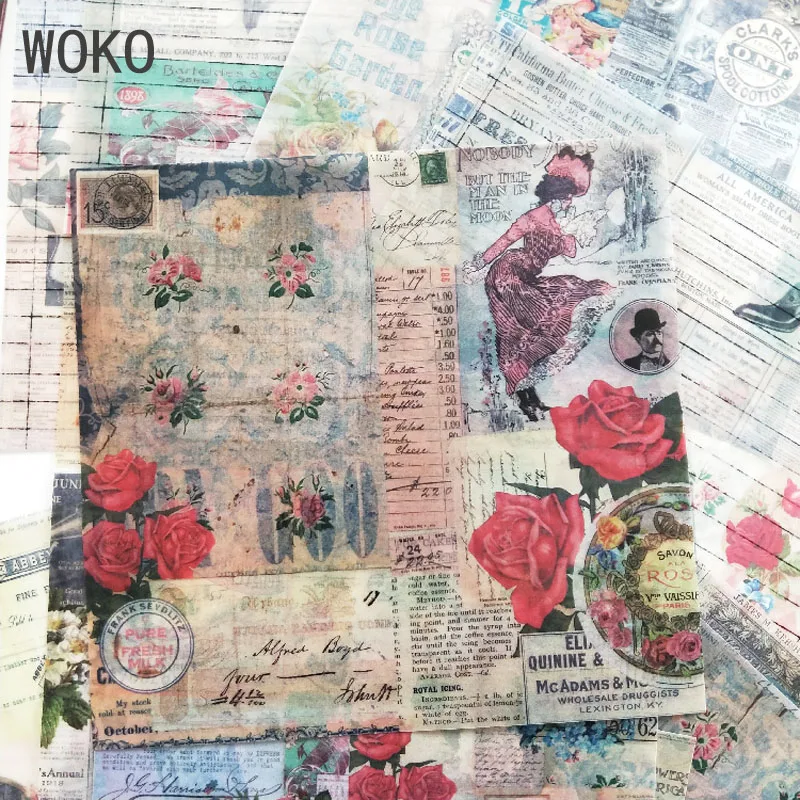

WOKO 10 sheets Vintage Flower Background JunkJournal Material Old Bill Rose Sulfuric Acid Collage Paper Sticker DIY Scrapbooking