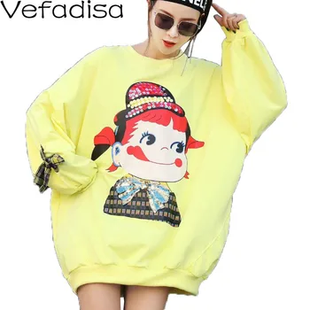 

Vefadisa Plus Size Cartoon Print Women Sweatshirt 2020 Autumn O-Neck Letter Print Sequin Pullover Sweatshirt Black QYF3229