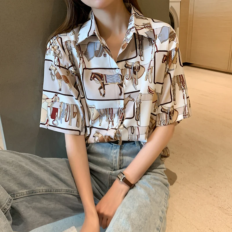 Fashion Women Print House White Shirt Chic Checked Shirts Blouse Short Sleeve Female Casual Print Shirts Loose Retro Tops Blusas