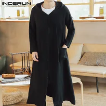 INCERUN Men Trench Coats Cotton Vintage Hooded Long Cardigan Long Sleeve Button Outerwear Chinese Style Casual Jackets 5XL