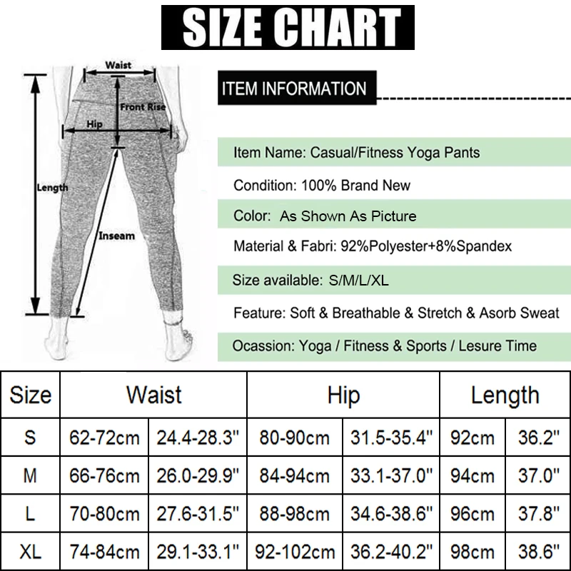 Size Chart: High Waisted Push Up Seamless Gym Leggings