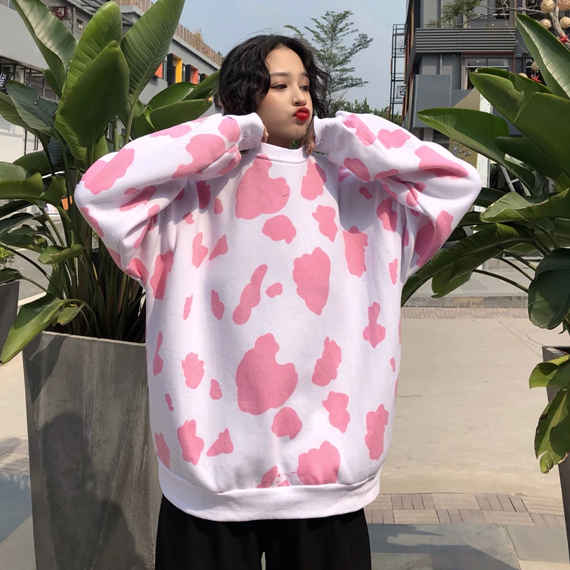 Осенние толстовки женские корейские Harajuku милые коровы свободные пуловеры с длинным рукавом одежда оверсайз с круглым вырезом уличная одежда W177