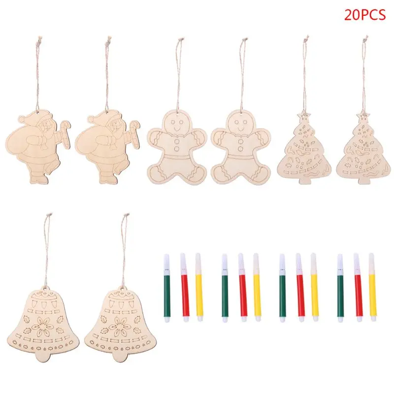 

8pcs Creative Wooden Christmas Tree Hanging Pendant Decoration DIY Painted with 12 Pens Set for Home Festival Party