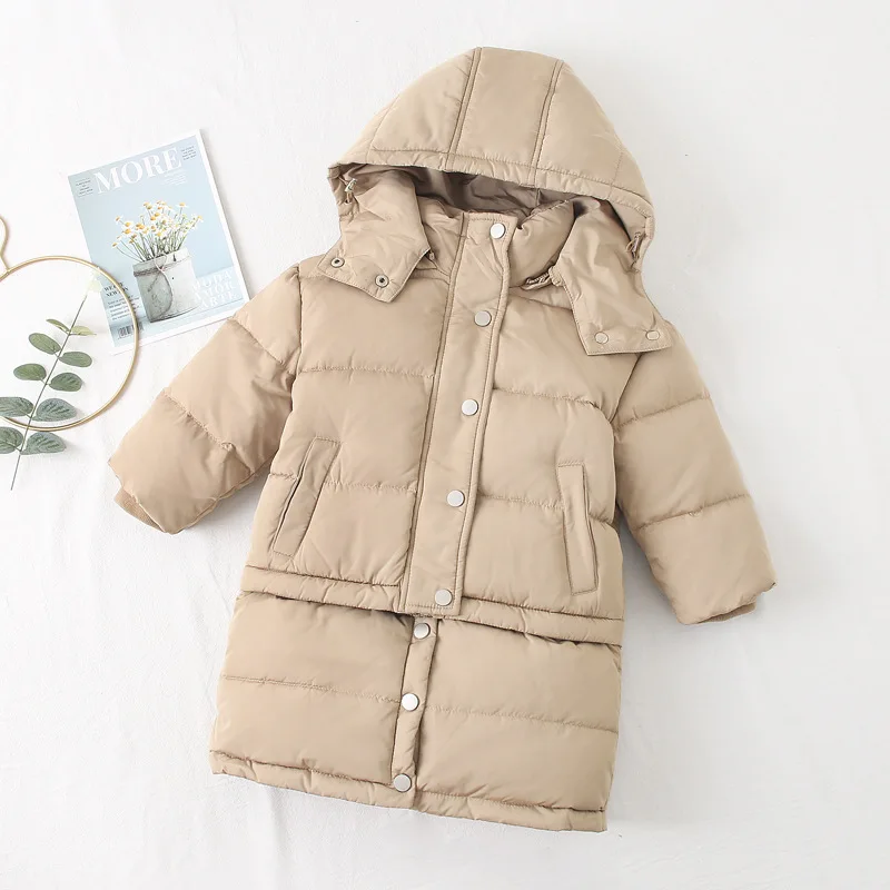 Коллекция года, зимняя одежда для девочек и мальчиков, пальто Детская пуховая куртка с капюшоном, уличная теплая детская зимняя длинная и короткая одежда хлопковая парка - Цвет: Бежевый