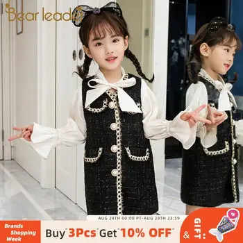 

Bear Leader Girls Dresses 4-13 Years Old Outfits Autumn New Fashion Beading Vest Dress Elegant Clothing with Bow-knot Cute Girl