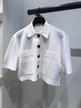 

Women Sweater 2020 Spring Summer New College Style Pearl Button Short Sleeve Knit Top