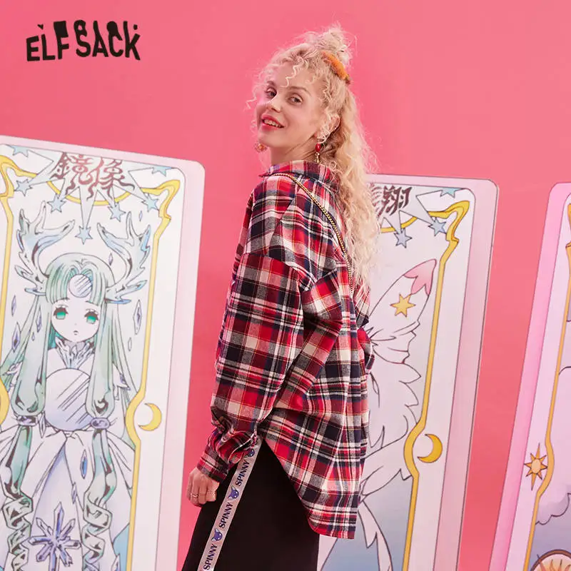 ELFSACK, красная, клетчатая, с мультяшной аппликацией, Brit graphics, Повседневная блуза для женщин, зима, с одной пуговицей, с длинным рукавом, женские топы на каждый день