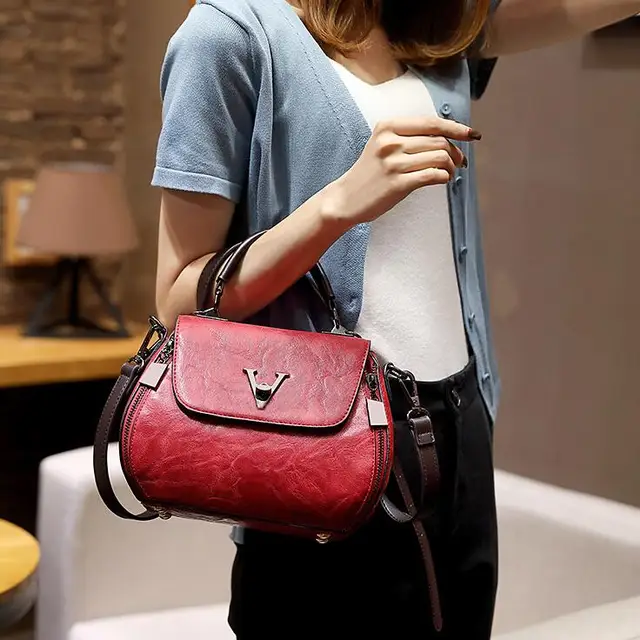 Cow Leather Women Shoulder Bags 2021 Solid Color Crossbody Messenger Purse Retro Top-Handle Bag Tote Shopping Handbags red