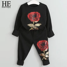 HE Hello Enjoy/комплекты одежды для девочек детский осенний шерстяной свитер с длинными рукавами и вышитыми розами и пайетками детский спортивный костюм