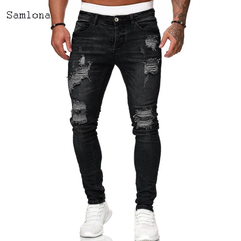 Samlona Jeans Mens Fashion Skinny Denim Pant Male 2020 Hole Ripped Pants Streetwear Male Denim Jeans Blue Grey Pencil Trousers Samlona Jeans Mens Fashion Skinny Denim Pant Male 2020 Hole Ripped Pants Streetwear Male Denim Jeans Blue Grey Pencil Trousers