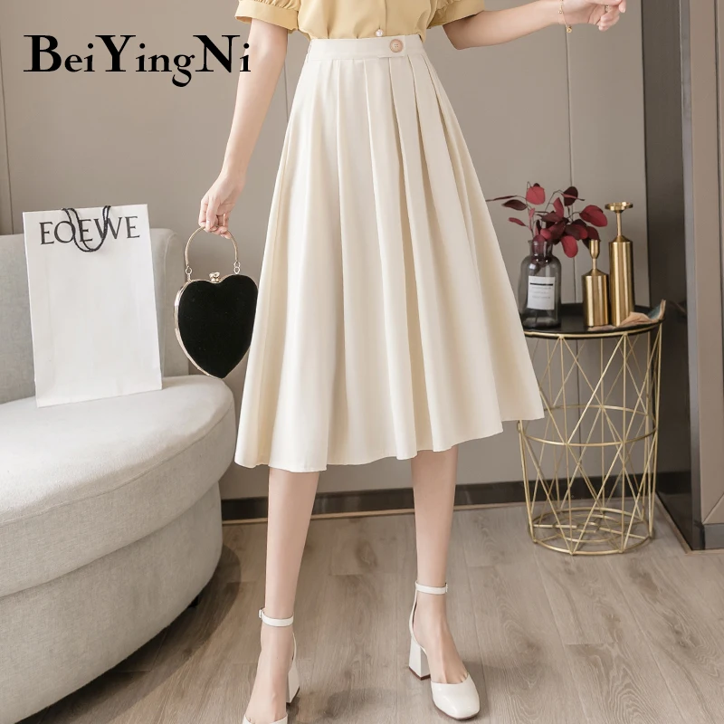 Women Skirt Pleated Midi Elegant Vintage High-Waist Fashion Black Solid Casual Beiyingni