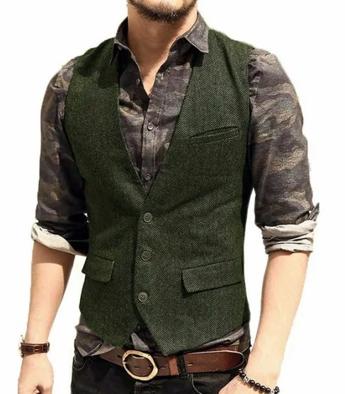 Army Green Модный мужской костюм, жилет, топ, шерсть, елочка, твид, повседневный жилет, Официальный деловой жилет, для жениха - Цвет: Army Green