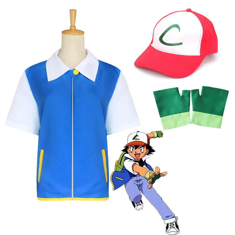 Janpanese Ash Ketchum голубой костюм для косплея куртка+ перчатки+ шляпа Ash Кетчум костюмы - Цвет: Full set