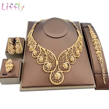 

Liffly Nigerian Elegant Women Water Drop Shaped Necklace Bracelet Jewelry Sets Wedding Bridal Earrings Ring Jewelry