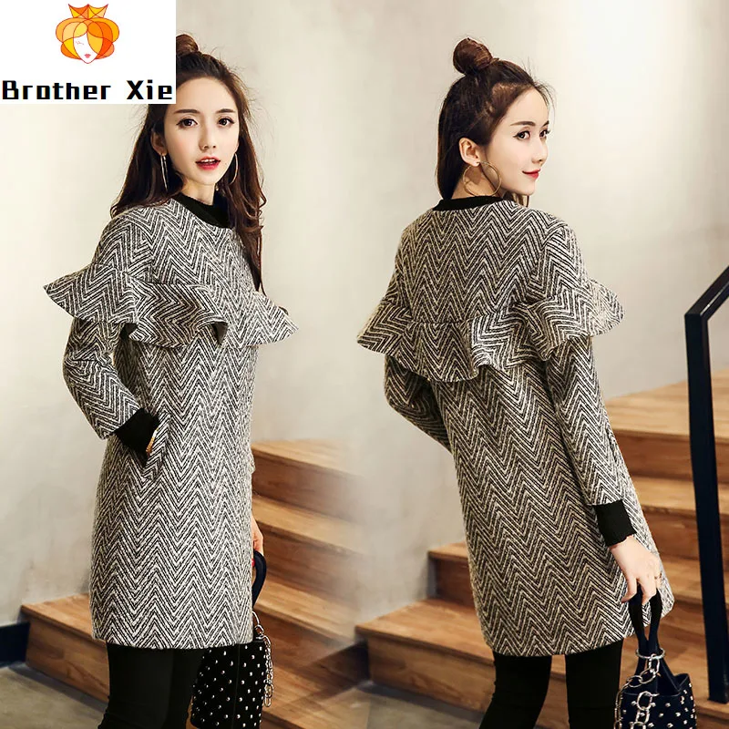 

Brand Coat Gray Striped O-neck Slim Butterfly Sleeve Autumn Wool Coat Women Period Long Ladies Coats Toyouth Woolen Overcoat