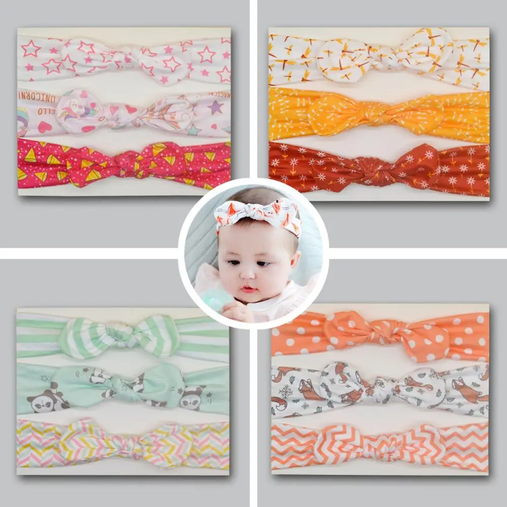 3Pcs Baby Headband Cute Rabbit Ear Neonata Bow Flower Elastic Bandanas Girls Headbands Children Turban Hair Accessories Set | Детская
