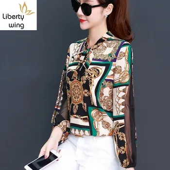 

Boho Style Women Chiffon Long Sleeve Shirts Office Ladies Work Floral Printed Blouses Bow Lace Up Loose Breathable Top Shirt 4XL