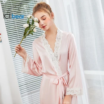 

icebear 2020 silk pajamas women's spring and summer long silk gown robe long-sleeved nightgown SY-WP1012