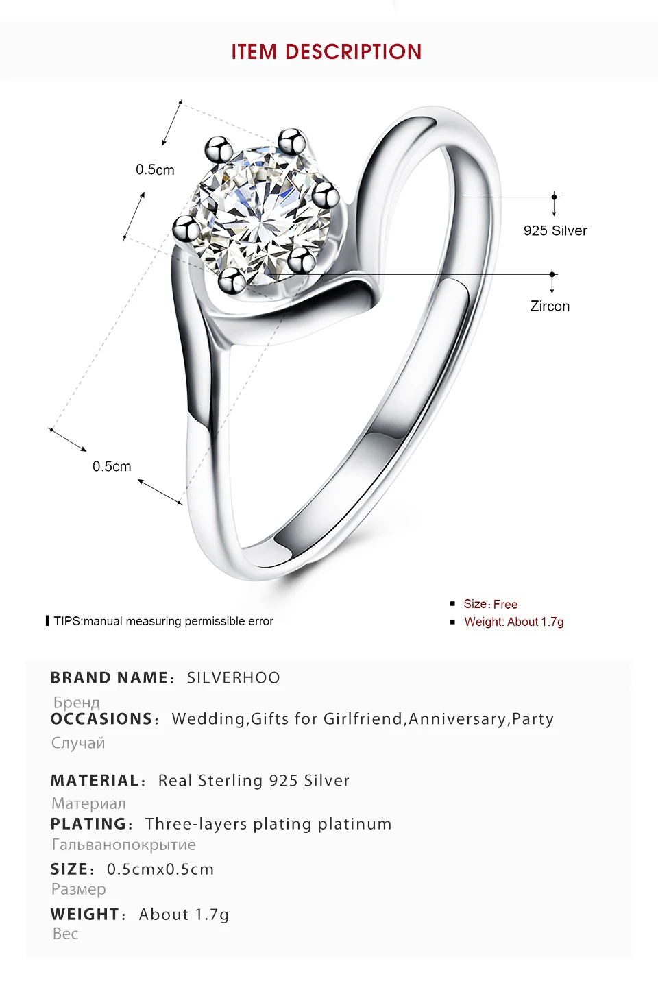 SILVERHOO 925 Sterling Silver Ring 5A Cubic Zirconia Adjustable Geometric Women Rings Anniversary Simple Fine Jewelry Hot Sale