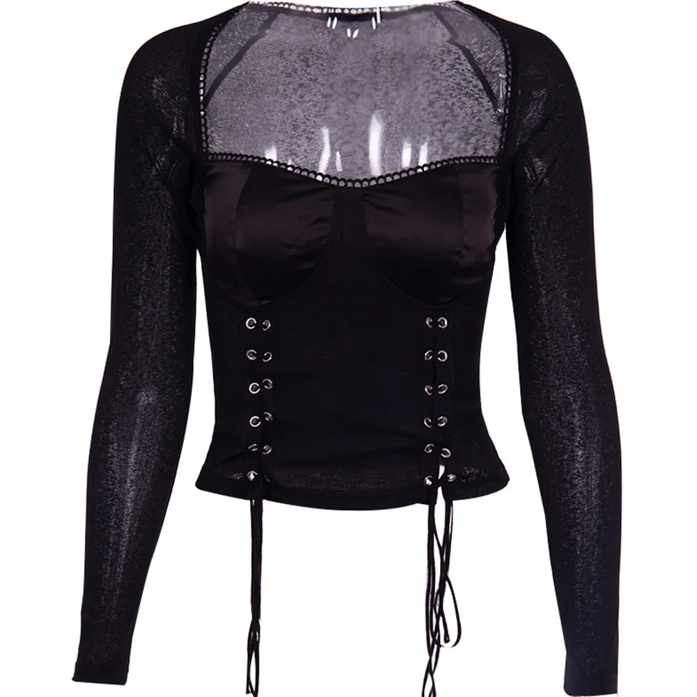 

Women Street Costumes Slim Party Chest Wrap Sexy Long Sleeve Splice Club Lace Up Tops Fashion Perspective Autumn Base Shirt