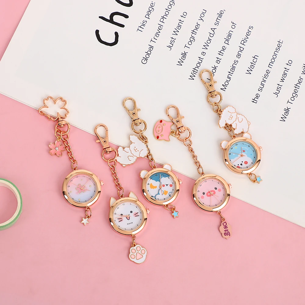 JIANWU-Llavero con reloj para niños, colgante de bolsillo con Gato de dibujos animados Sakura, Bolsa Escolar, decoración, gerente de llaves, regalo de joyería