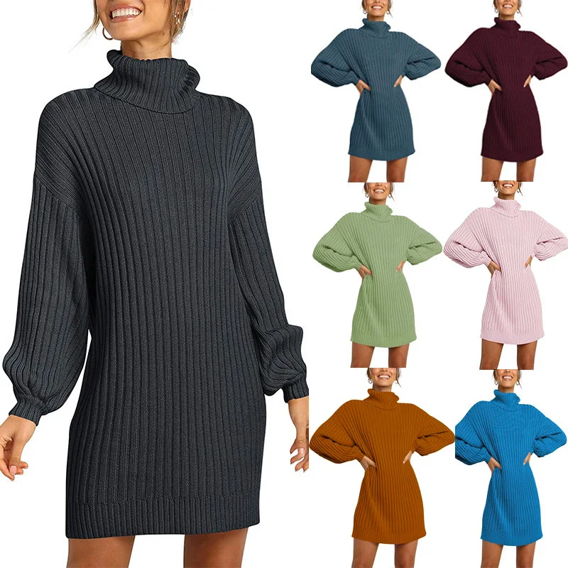 

HOT SALE 13 Colors Autumn Winter Women's Knitted Turtleneck Sweater Dress Mid-length Solid Color Loose Pullover Lantern Sleeve