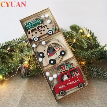 

9pcs Wooden Christmas Ornaments Car Tree Hanging Pendant DIY Wood Crafts Xmas Gift Kids Toys Home Christmas Party Decorations