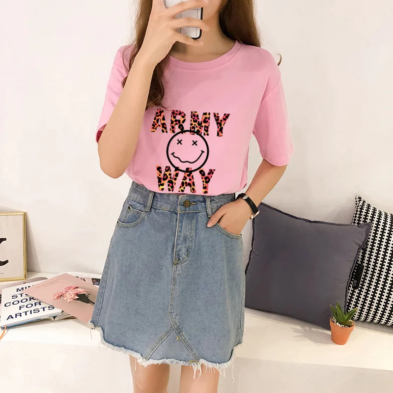  2019 Summer New Style Korean-style Hipster Leopord Pattern Smiley Printed Loose-Fit Slimming Studen