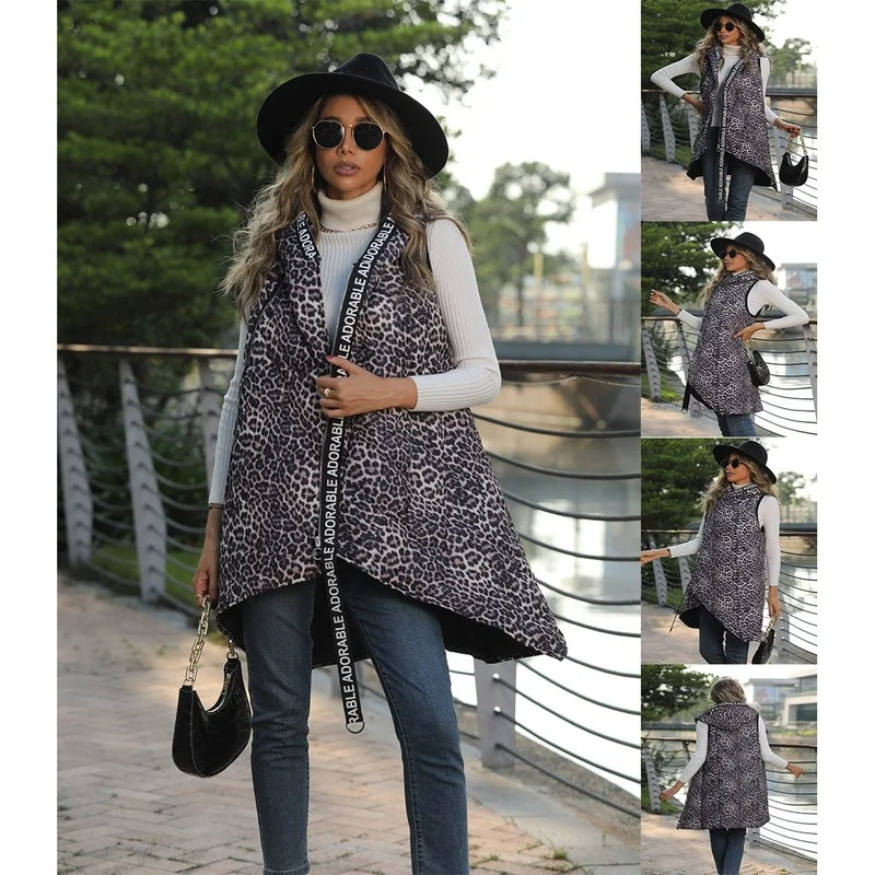 

Lugentolo Winter Vest Women Leopard Sleeveless Jacket Streetwear Hooded Mid-length Waistcoat Fall Cotton-padded Jackets