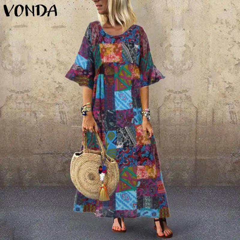 VONDA, макси платье, плюс размер, винтажные, с принтом, длинные летние платья, повседневные, свободные, вечерние, Vestidos Femme, пляжный сарафан, больше размера d Robe