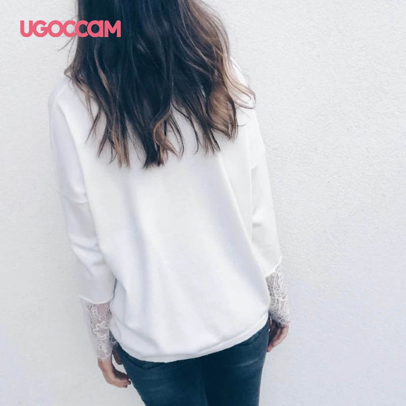 UGOCCAM, Сексуальная кружевная сетчатая рубашка, пэчворк, Женские повседневные топы с длинным рукавом, хлопковая блузка, Женские однотонные топы, женская рубашка
