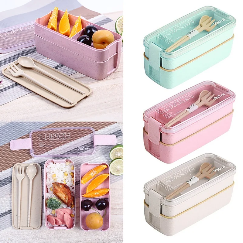 

Household Portable Square Concise Double Layer Plastic With Folk&spoon Microwave Lunch Box