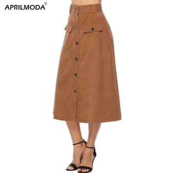 

2019 New Spring Women's Casual Skirt With Two Pockets High Waist Khaki Casual A-line Plus Size Front Button Up Midi Long Skirts